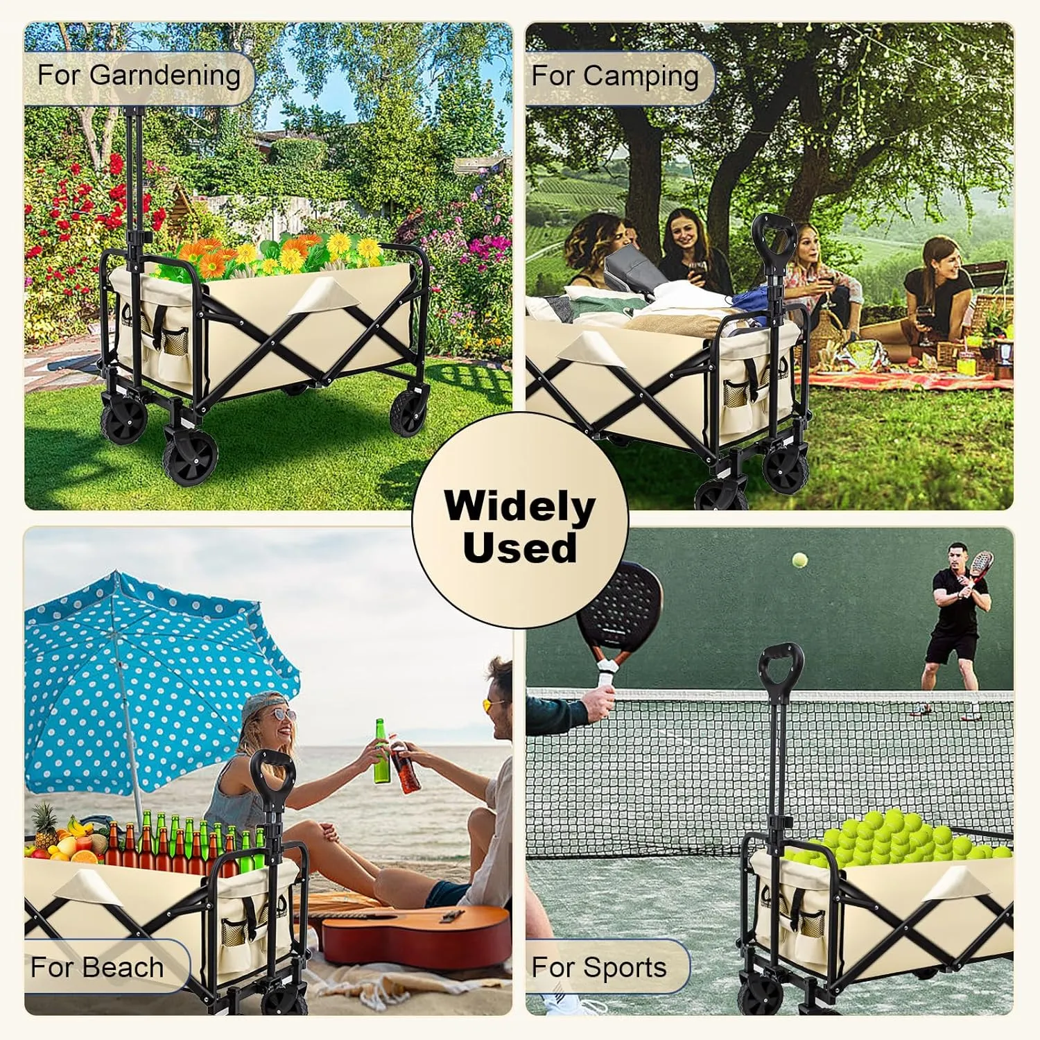 Collapsible Wagon Cart, Heavy Duty With Wheels, Utility Folding for Beach, Camping, Sports, Outdoor Activities (Khaki)