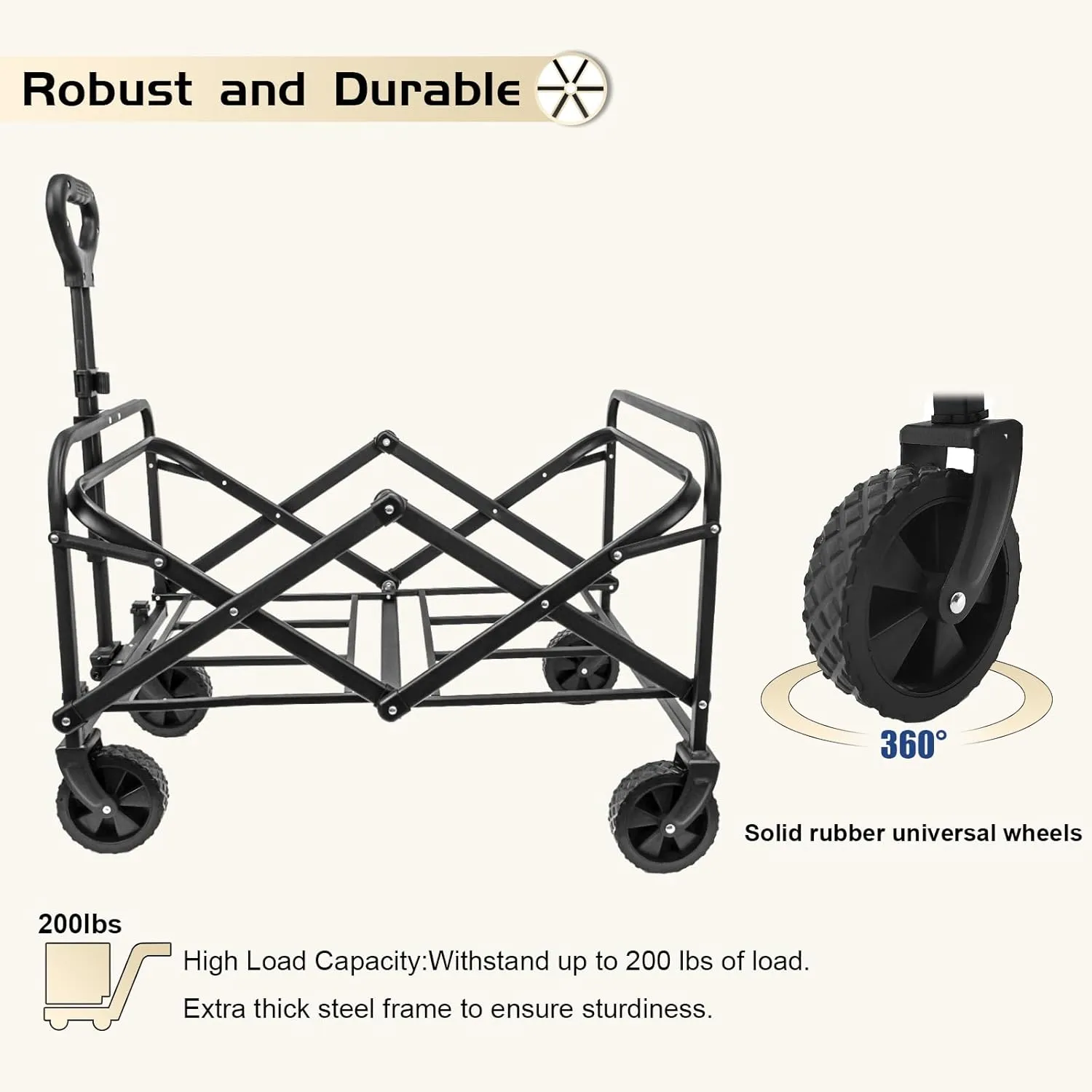 Collapsible Wagon Cart, Heavy Duty With Wheels, Utility Folding for Beach, Camping, Sports, Outdoor Activities (Khaki)