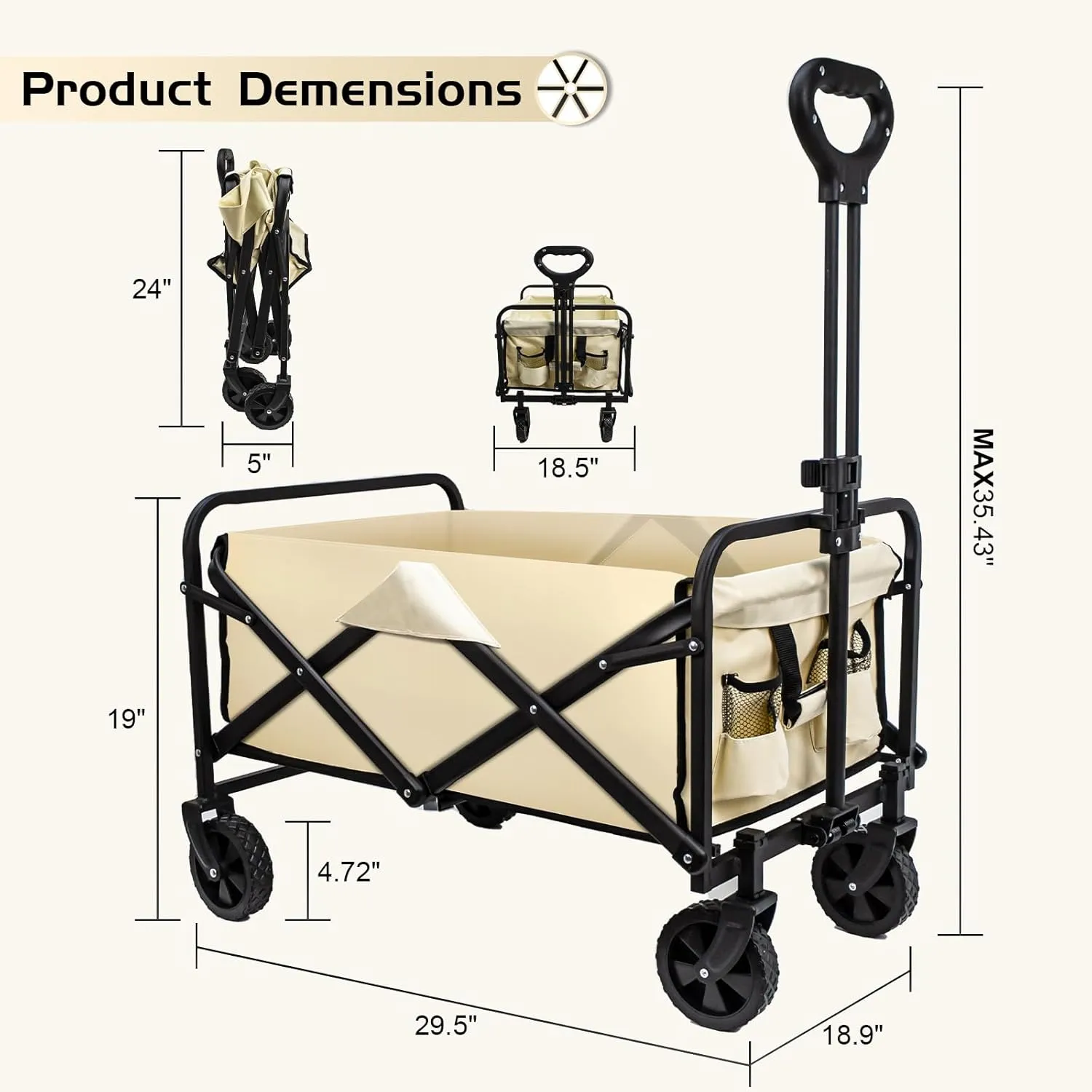 Collapsible Wagon Cart, Heavy Duty With Wheels, Utility Folding for Beach, Camping, Sports, Outdoor Activities (Khaki)
