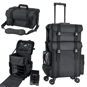 Costravio Travel Makeup Bag, Cosmetology Case on Wheels, 2 IN 1 Hair Tool Organizer, Rolling Nail Organizer Train Case, Large Cosmetic Trolley Suitcase for MUA/Hairstyling/Home-care/Groomer, Black