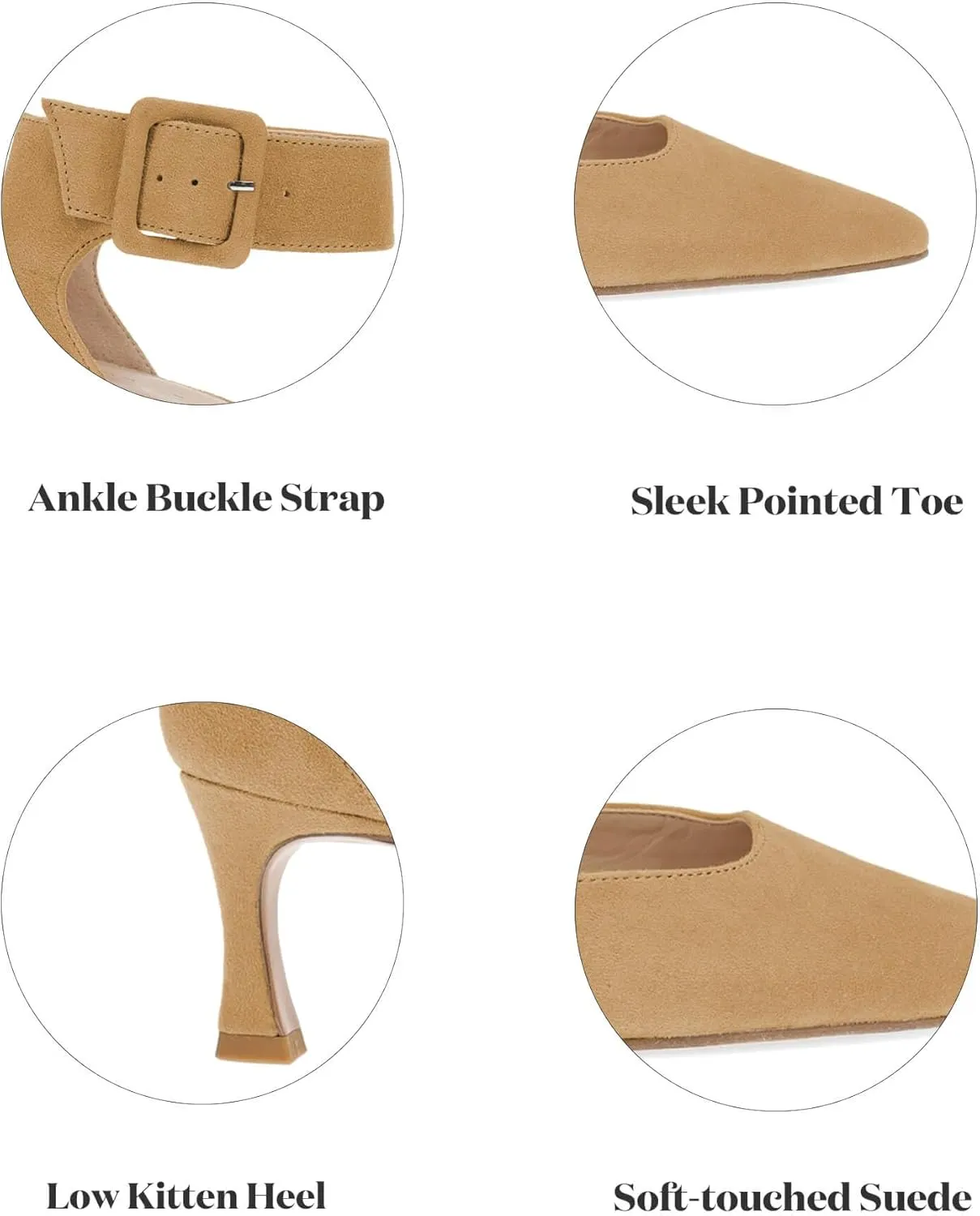 Coutgo Womens Kitten Low Heels Closed Pointed Toe Ankle Buckle Strap Pumps Suede Dress Wedding Shoes