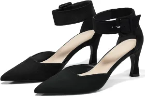 Coutgo Womens Kitten Low Heels Closed Pointed Toe Ankle Buckle Strap Pumps Suede Dress Wedding Shoes