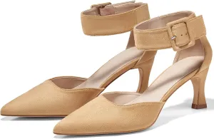 Coutgo Womens Kitten Low Heels Closed Pointed Toe Ankle Buckle Strap Pumps Suede Dress Wedding Shoes