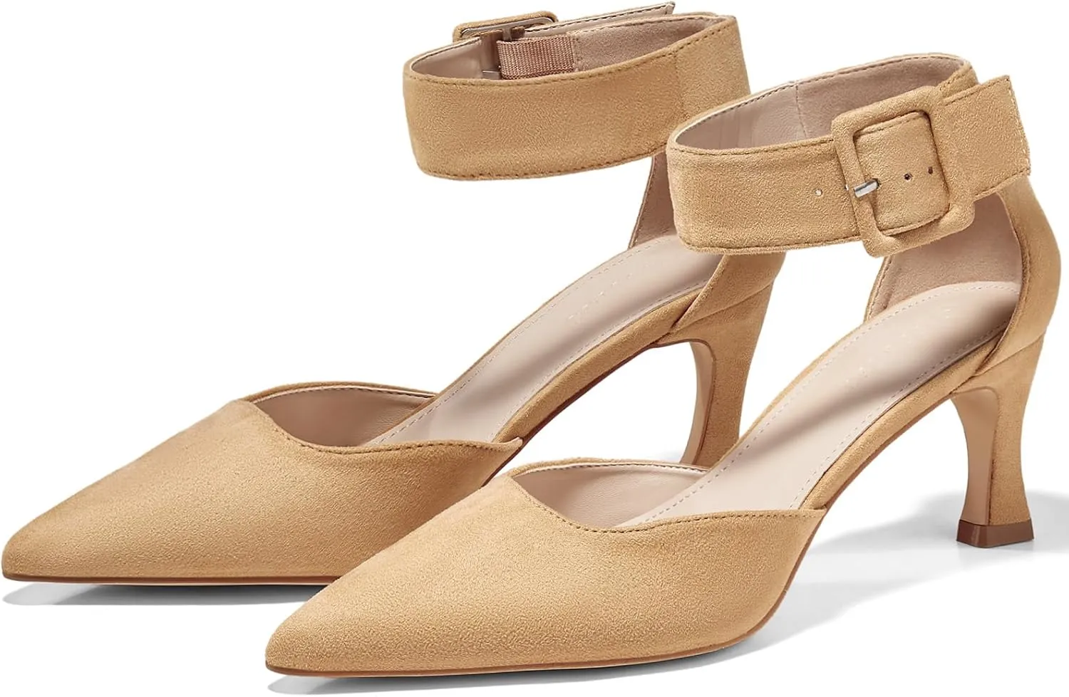 Coutgo Womens Kitten Low Heels Closed Pointed Toe Ankle Buckle Strap Pumps Suede Dress Wedding Shoes