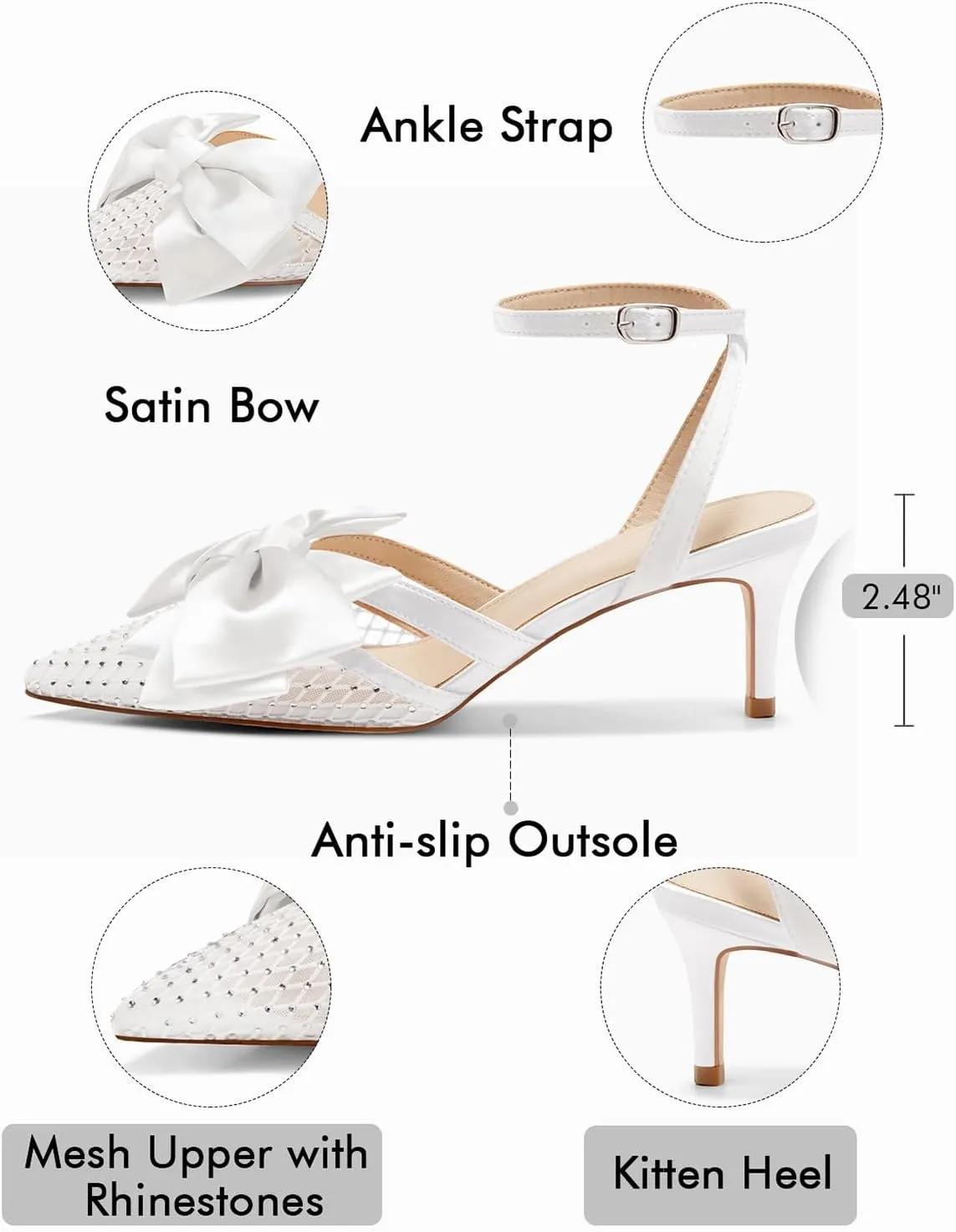 Coutgo Womens Kitten Low Heels Rhinestone Mesh Bow Heels Closed Pointed Toe Ankle Strap Pumps Dress Wedding Shoes