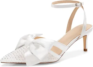 Coutgo Womens Kitten Low Heels Rhinestone Mesh Bow Heels Closed Pointed Toe Ankle Strap Pumps Dress Wedding Shoes