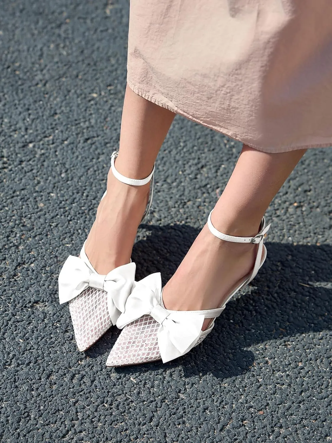 Coutgo Womens Kitten Low Heels Rhinestone Mesh Bow Heels Closed Pointed Toe Ankle Strap Pumps Dress Wedding Shoes