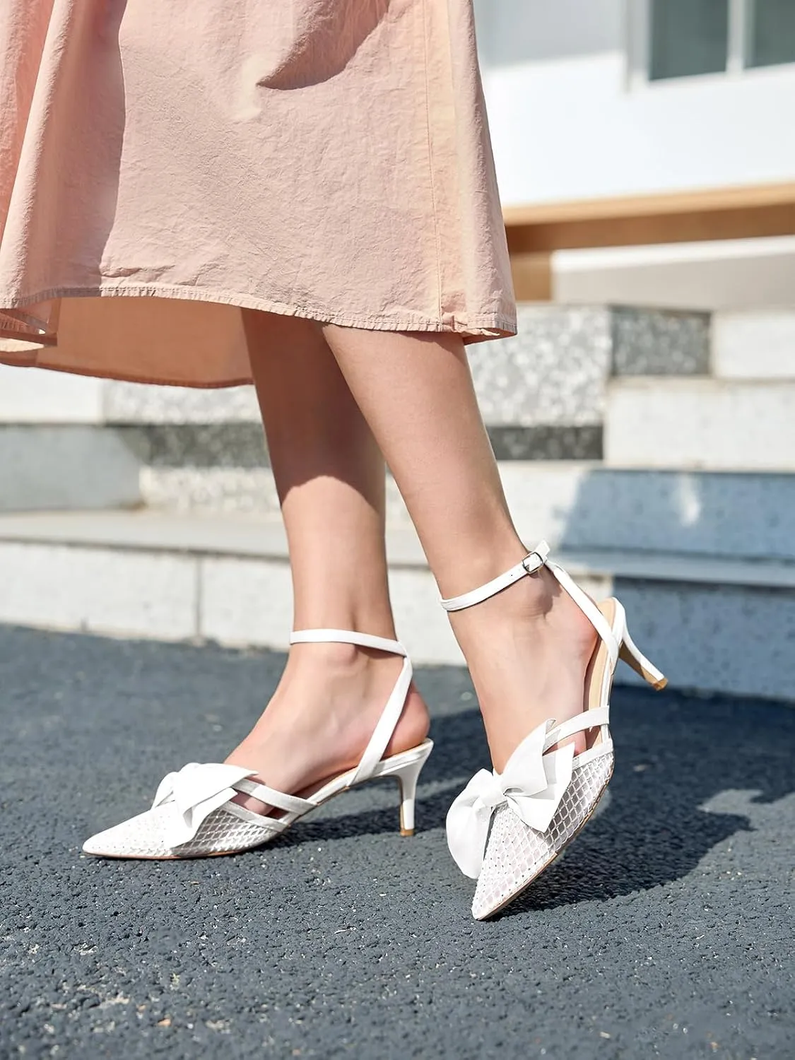 Coutgo Womens Kitten Low Heels Rhinestone Mesh Bow Heels Closed Pointed Toe Ankle Strap Pumps Dress Wedding Shoes