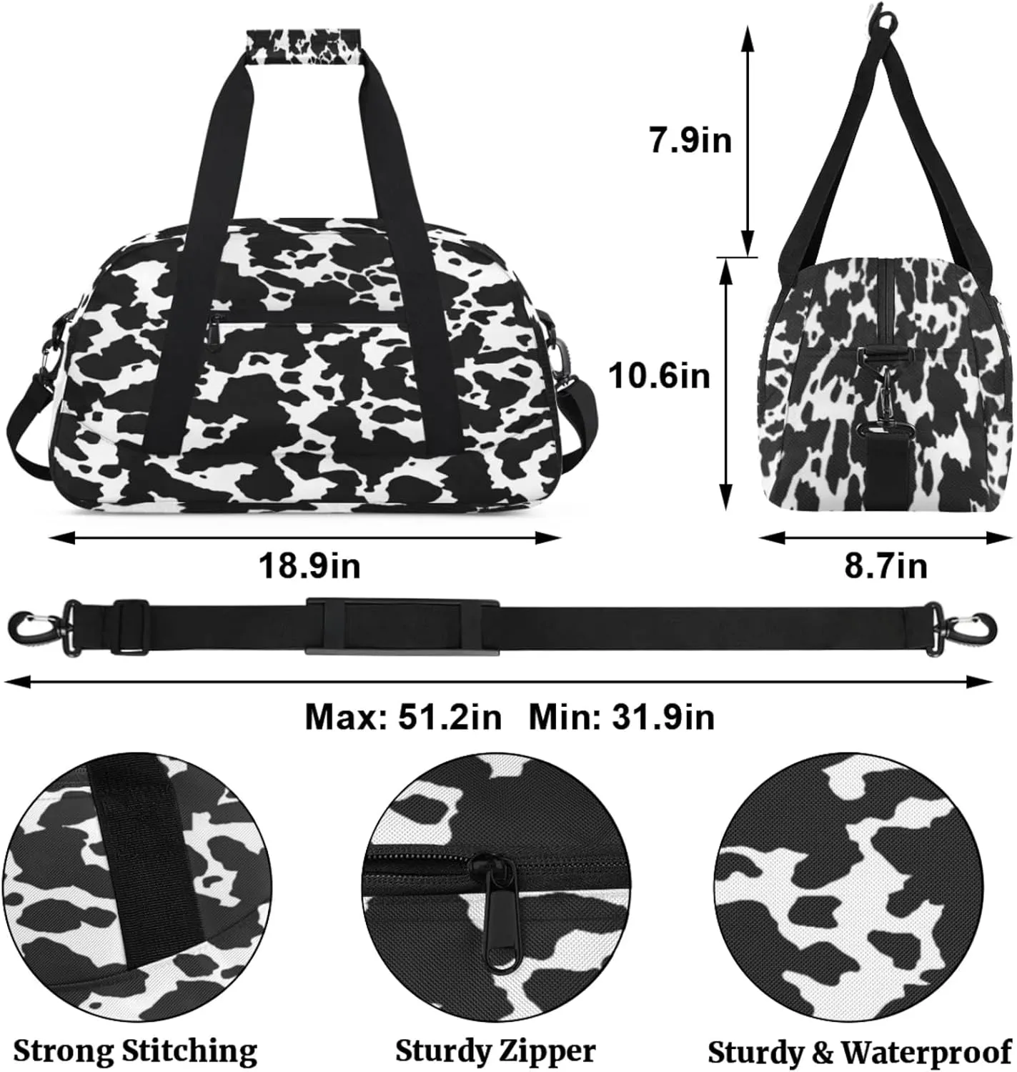 Cow Print Small Gym Bag for Women Men, Travel Duffle Bag Workout Dance Tote Bag Carry On Overnight Weekender Bag