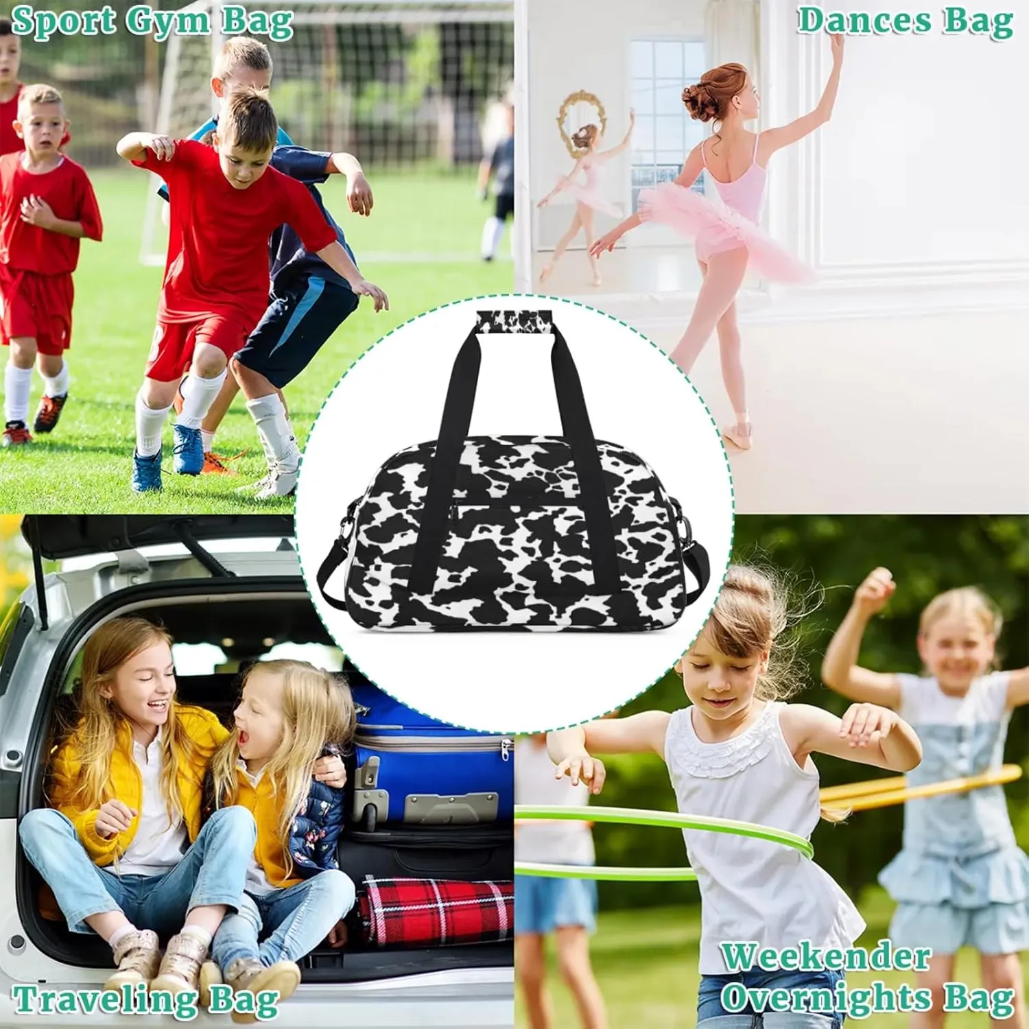 Cow Print Small Gym Bag for Women Men, Travel Duffle Bag Workout Dance Tote Bag Carry On Overnight Weekender Bag