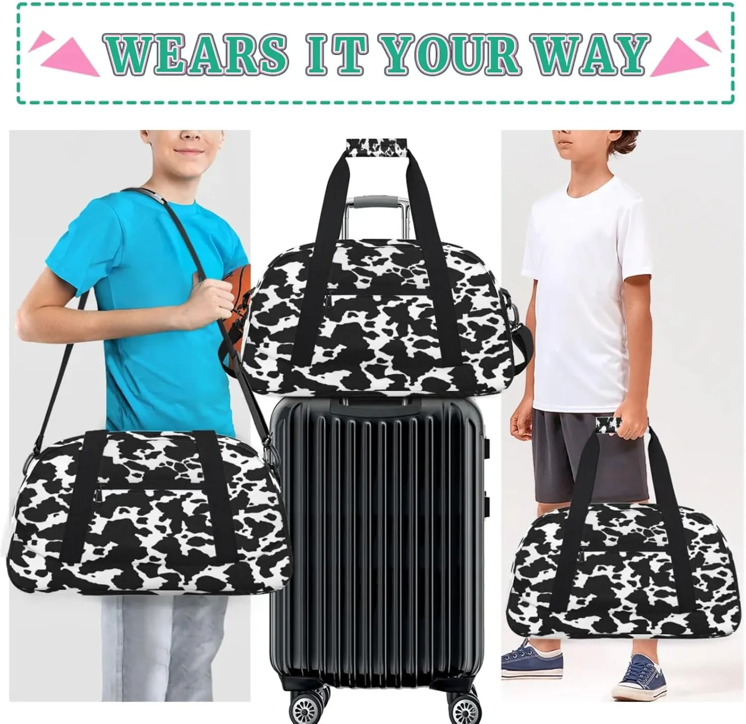 Cow Print Small Gym Bag for Women Men, Travel Duffle Bag Workout Dance Tote Bag Carry On Overnight Weekender Bag