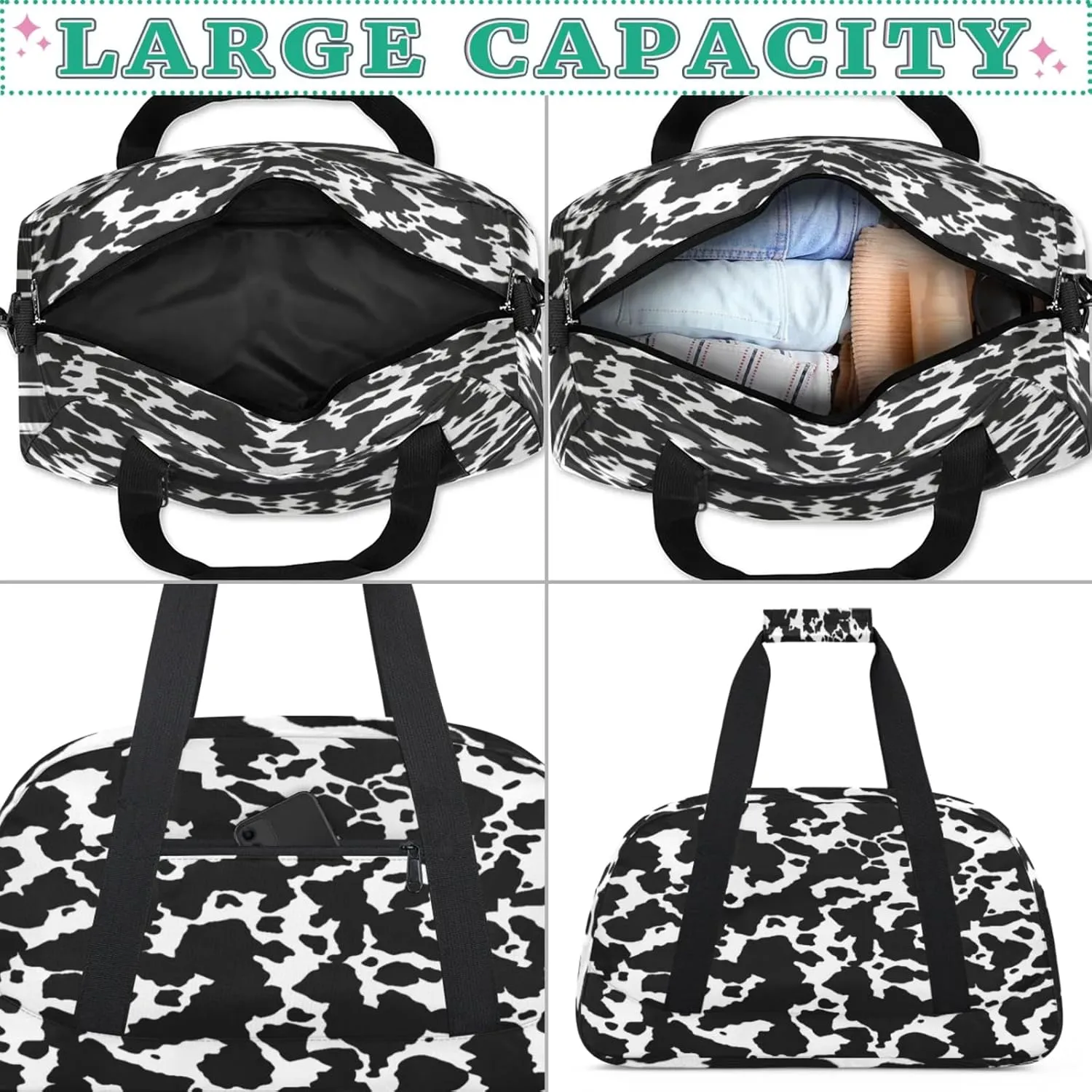 Cow Print Small Gym Bag for Women Men, Travel Duffle Bag Workout Dance Tote Bag Carry On Overnight Weekender Bag