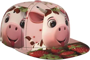 Cows and Strawberries Outdoor Sports Baseball Cap, Daily Sports Adjustable Fashionable Flat Brim hat, Unisex Four-Season Outdoor Sports Cap, Black