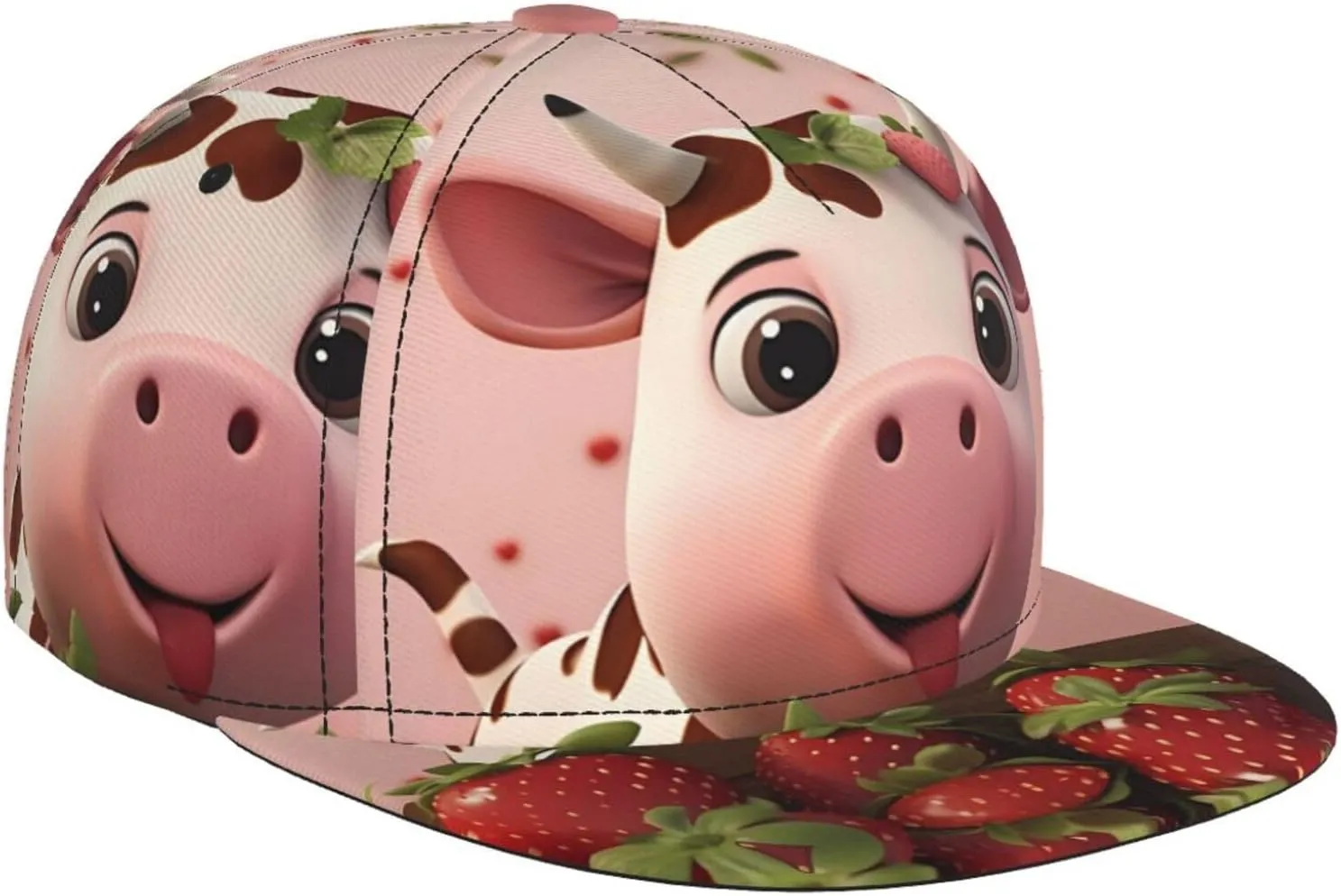 Cows and Strawberries Outdoor Sports Baseball Cap, Daily Sports Adjustable Fashionable Flat Brim hat, Unisex Four-Season Outdoor Sports Cap, Black