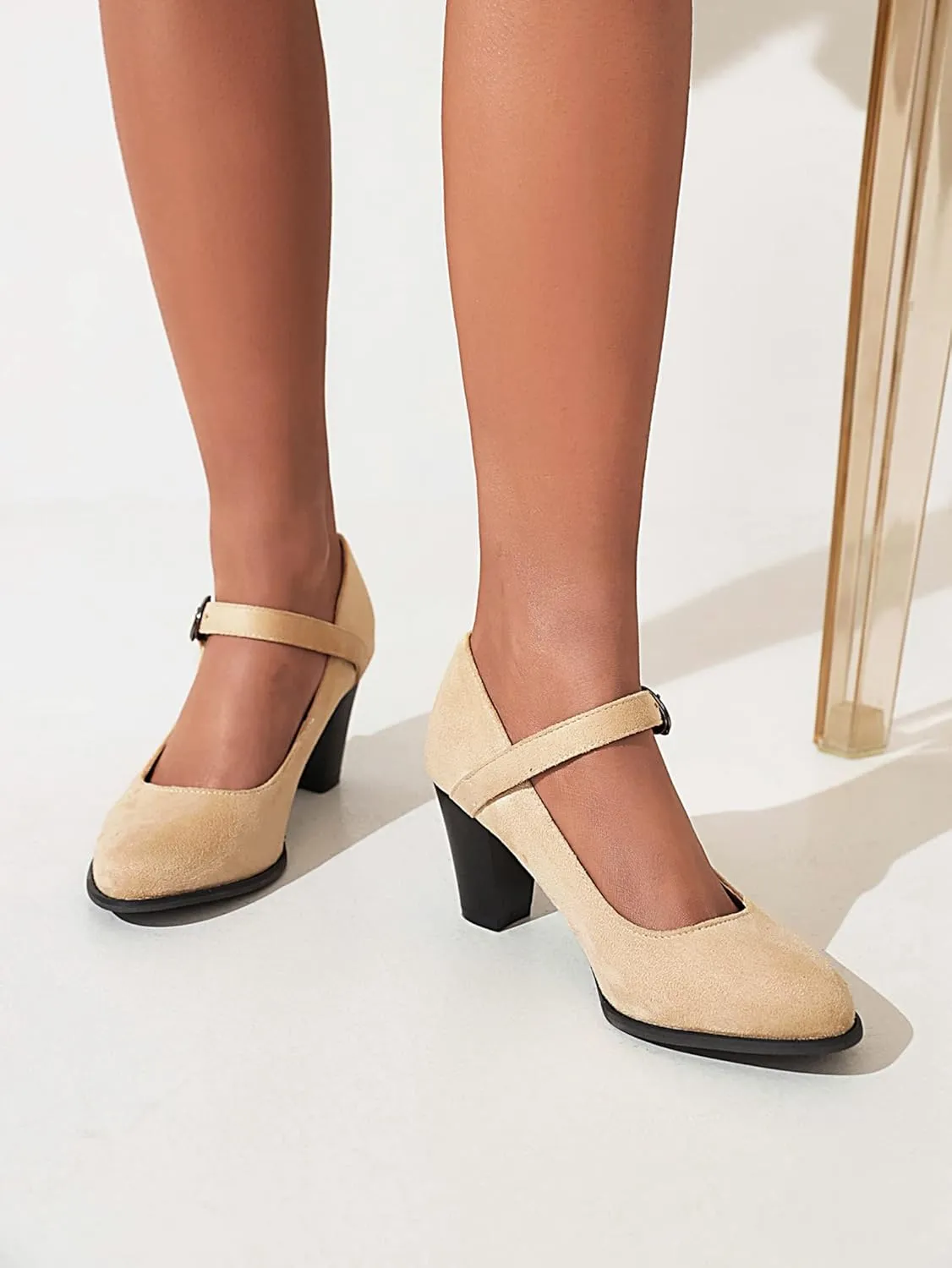 Cozivwaiy Women Classic Mary Jane Shoes Ankle Strap Pumps Block Heel