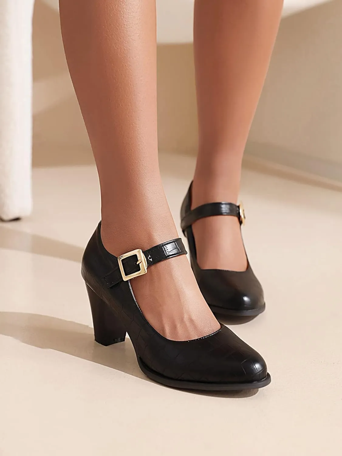 Cozivwaiy Women Classic Mary Jane Shoes Ankle Strap Pumps Block Heel