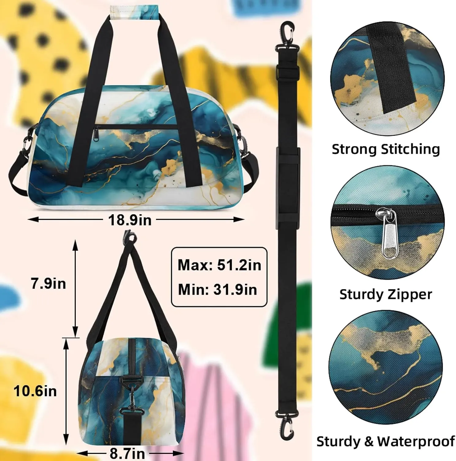 Dark Blue Marble Small Gym Bag 18 inch Carry On Duffel Bag for Weekender Travel Sports Workout Yoga Gymnastics Dance Ballet