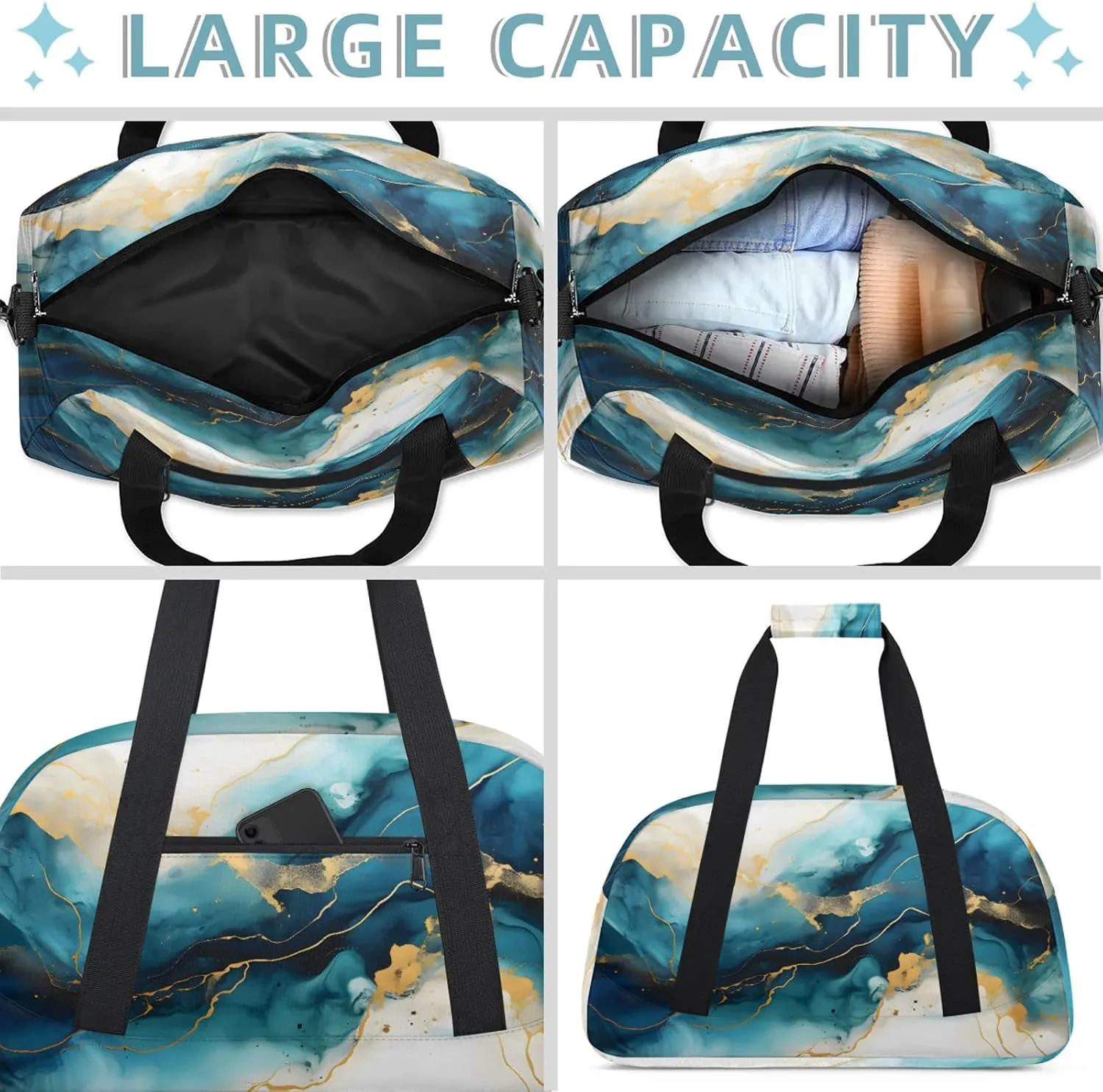 Dark Blue Marble Small Gym Bag 18 inch Carry On Duffel Bag for Weekender Travel Sports Workout Yoga Gymnastics Dance Ballet