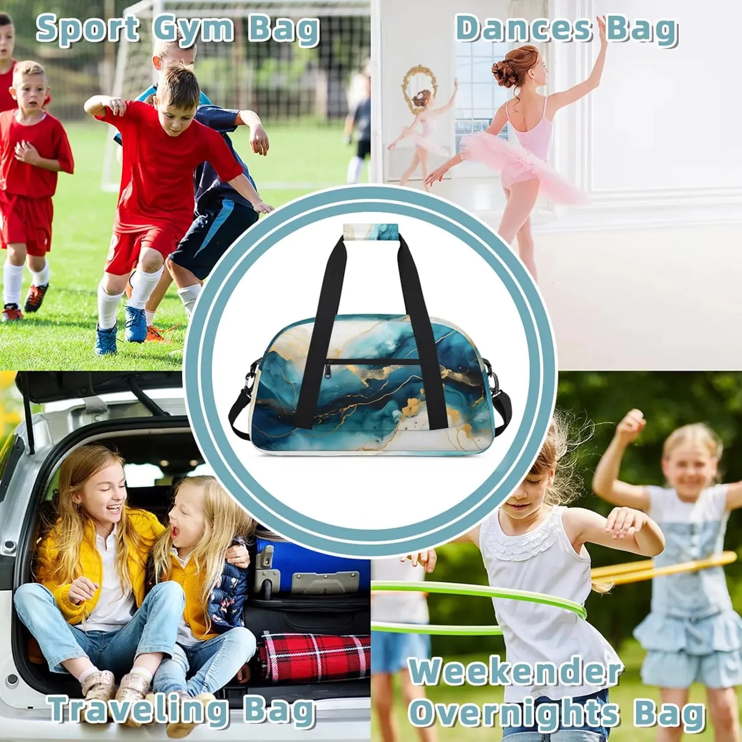 Dark Blue Marble Small Gym Bag 18 inch Carry On Duffel Bag for Weekender Travel Sports Workout Yoga Gymnastics Dance Ballet