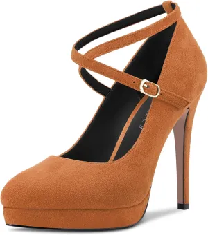 DearOnly Womens Platform Heel Pumps Closed Toe Ankle Strap Stiletto High Heel Suede Bridal Wedding Dress Shoes 5 Inch