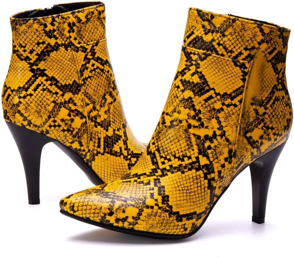 DINTAHA Snakeskin Boots Pointed Toe High Heel Stiletto Booties Pointy Toe Ankle Boots