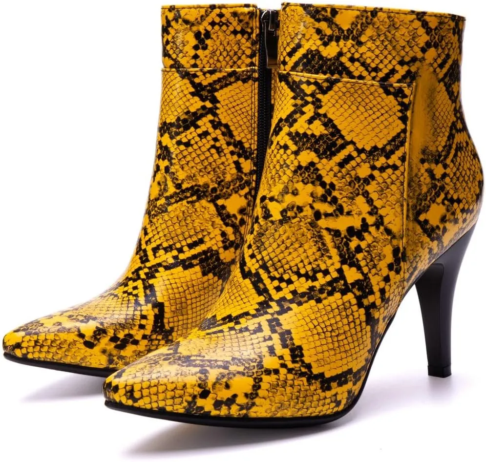 DINTAHA Snakeskin Boots Pointed Toe High Heel Stiletto Booties Pointy Toe Ankle Boots