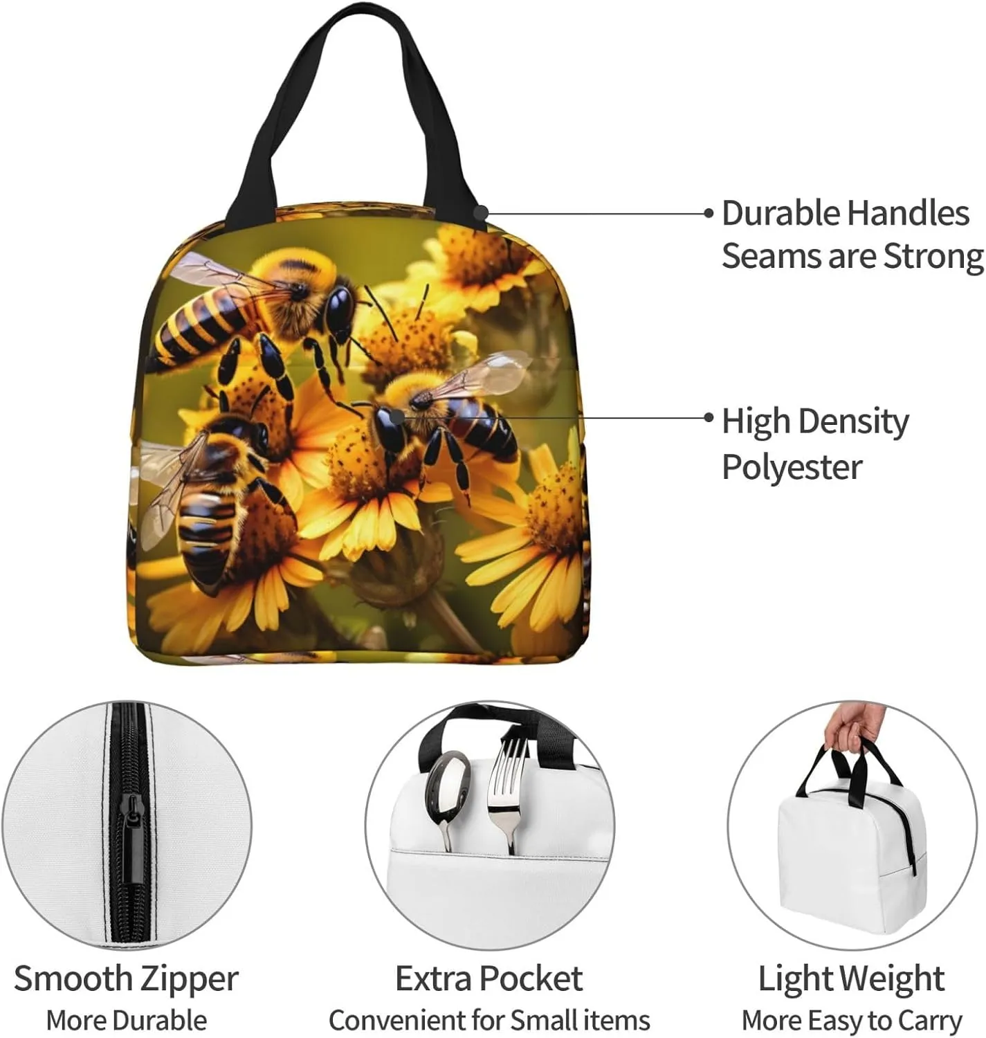 DJnni Rural Honey Bees Flowers Lunch Bag For Women Men, Leakproof Reusable Lunch Box,Lunch Cooler Tote For Office Outdoor Picnic
