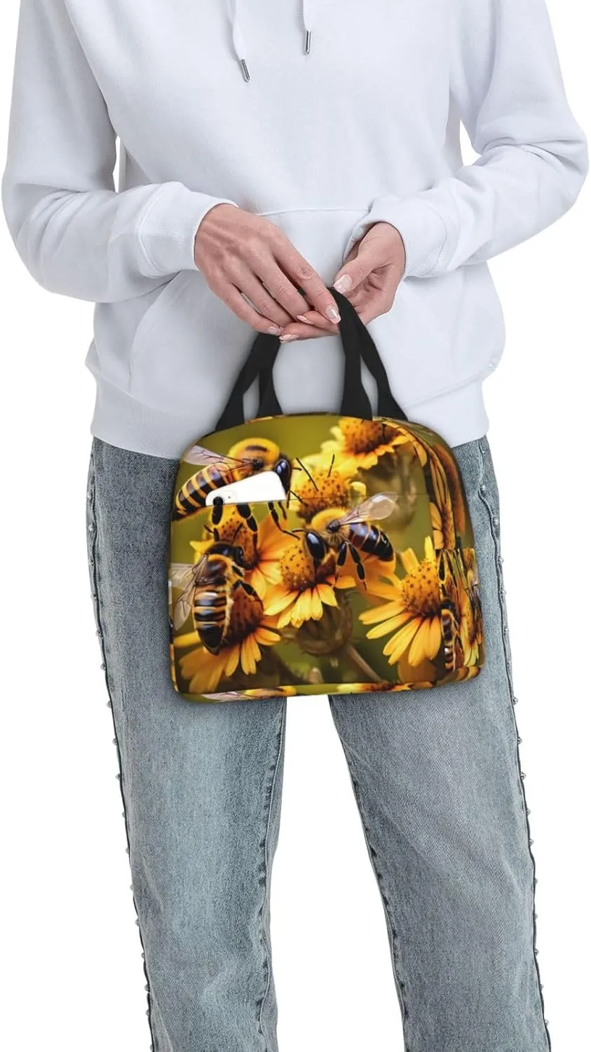 DJnni Rural Honey Bees Flowers Lunch Bag For Women Men, Leakproof Reusable Lunch Box,Lunch Cooler Tote For Office Outdoor Picnic