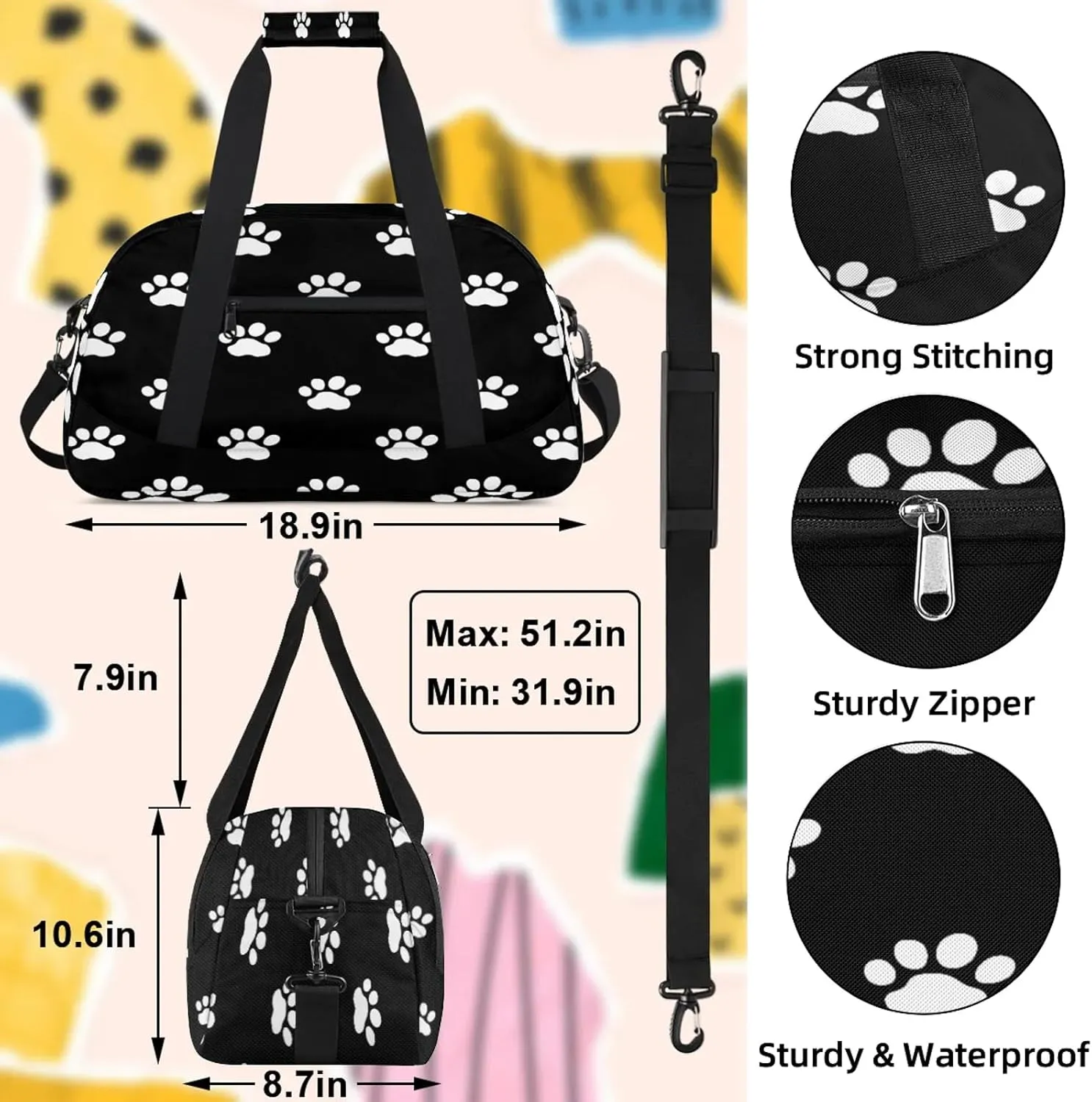 Dog Paw Small Gym Bag 18 inch Carry On Duffel Bag for Weekender Travel Sports Workout Yoga Gymnastics Dance Ballet