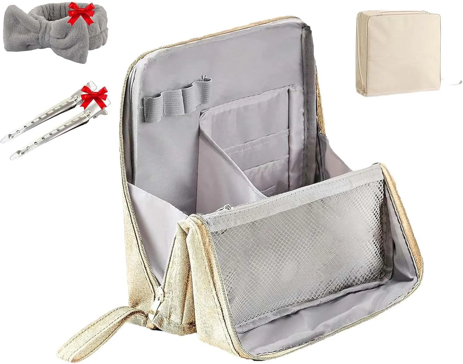 Doresty Makeup Bag Large, Doresty Makeup Bag Set, Upright Cosmetic Organizer – Portable, Large Capacity, Portable Vertical Opening Cosmetic Organizer with Compartments (Off-white)