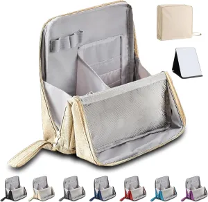 Doresty Makeup Bag, Standing Makeup Bag, Portable Large Capacity, Stand Up Make Up Bag with Mirror, Waterproof Oxford Cloth Cosmetic Organizer with Compartments, for Women & Girls (Beige)