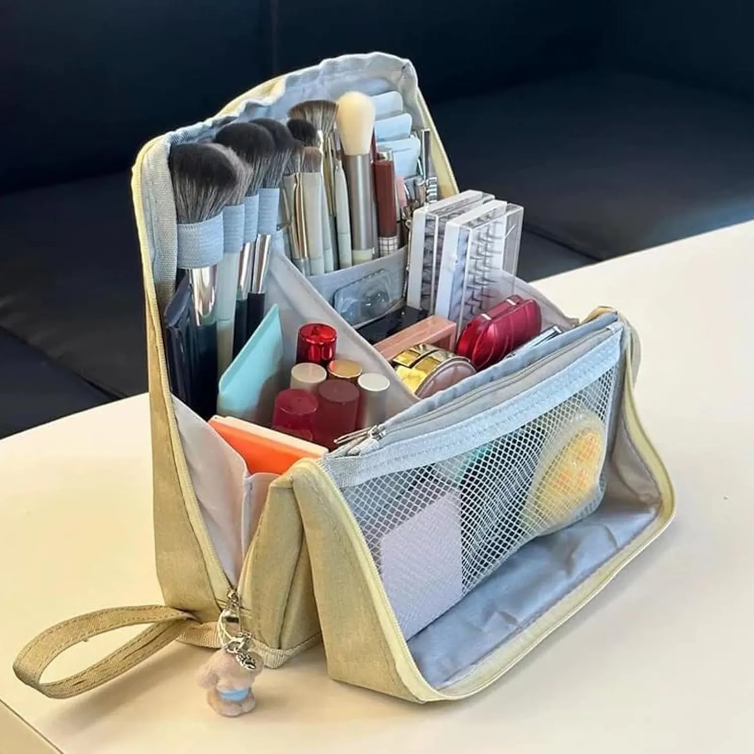 Doresty Standing Makeup Bag, Portable Large Capacity Vertical Makeup Organizer Bag, Multi-purpose Waterproof Makeup Bag with Compartments, for Home or Travel (Blue)