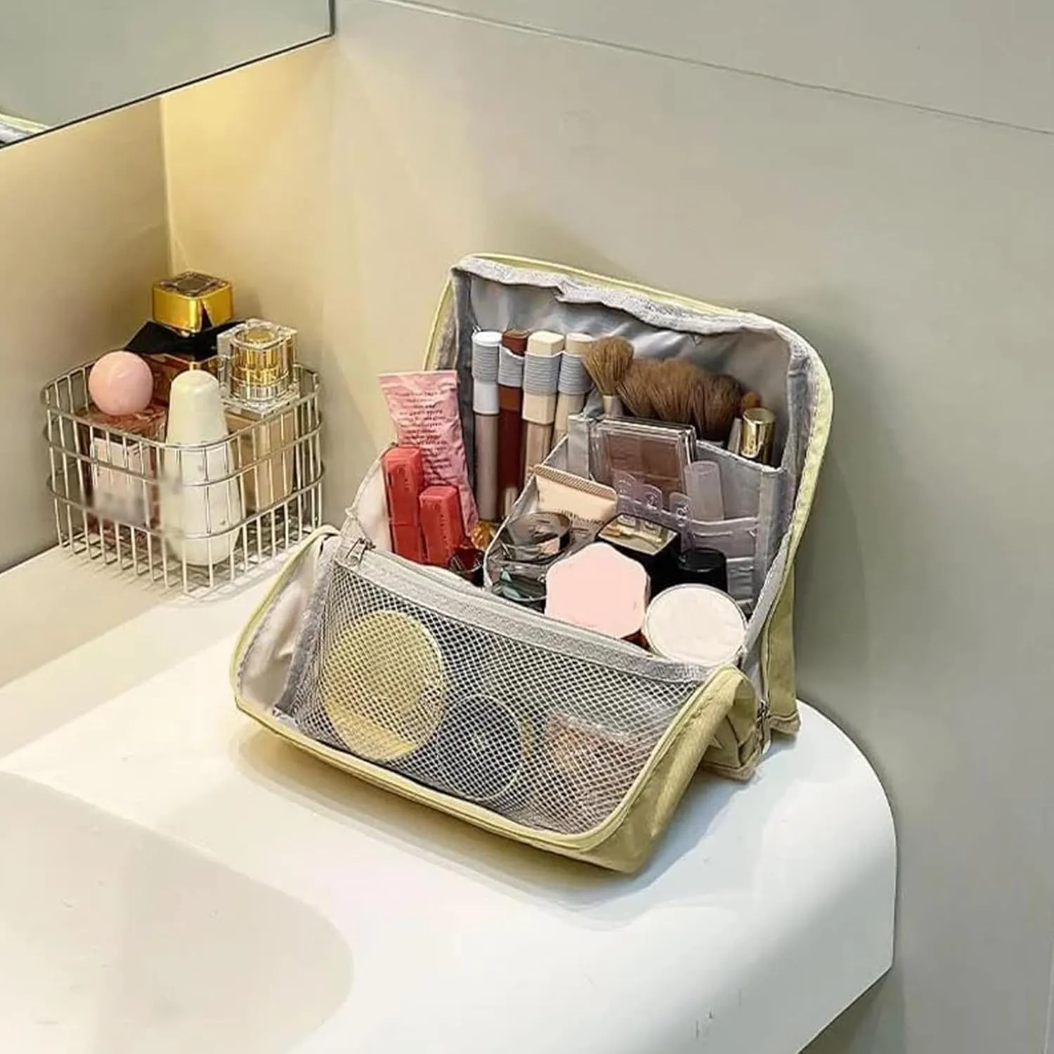 Doresty Standing Makeup Bag, Portable Large Capacity Vertical Makeup Organizer Bag, Multi-purpose Waterproof Makeup Bag with Compartments, for Home or Travel (Blue)
