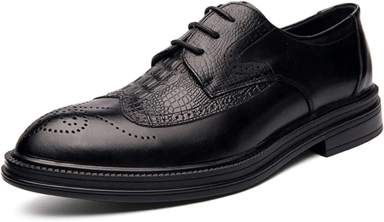 Dress Oxford for Men Lace Up Round Burnished Toe Crocodile Embossed Brogues Wingtips PU Leather Block Heel Rubber Sole Anti-Slip Prom