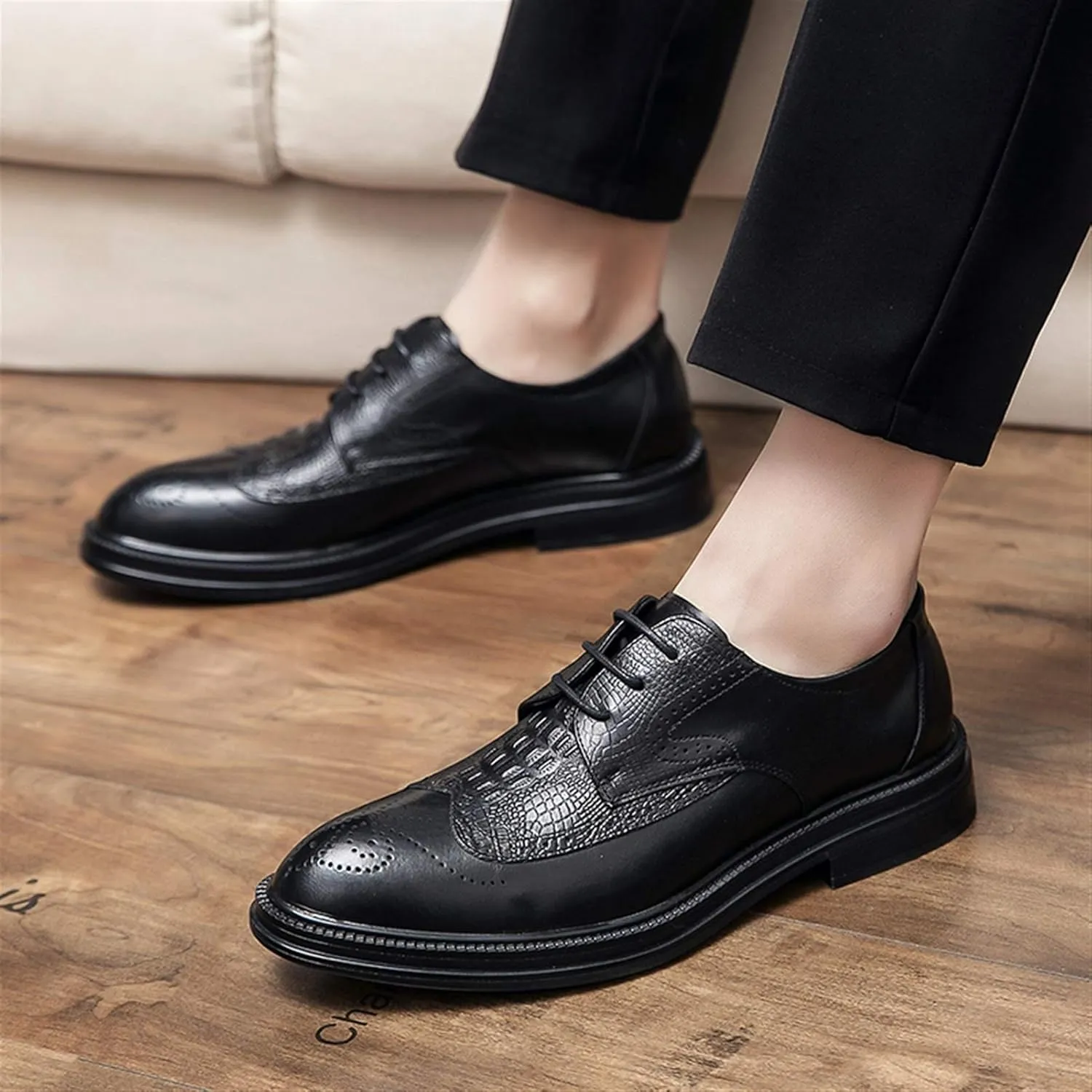 Dress Oxford for Men Lace Up Round Burnished Toe Crocodile Embossed Brogues Wingtips PU Leather Block Heel Rubber Sole Anti-Slip Prom
