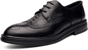 Dress Oxford for Men Lace Up Round Burnished Toe Crocodile Embossed Brogues Wingtips PU Leather Block Heel Rubber Sole Anti-Slip Prom