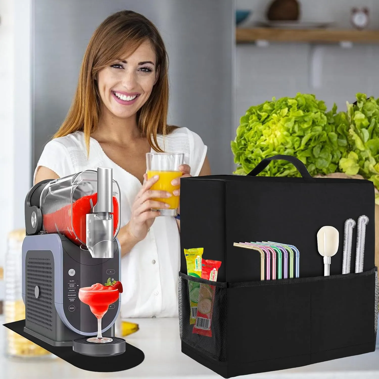 Dust Cover and Sliding Pad Kits for Slushie Machine, 600D Oxford Fabric Slushy Maker Bag with Pocket, Quickly and Smoothly Slide Mat, Compatible for Ninja Frozen Slushie Machine FS301C/FS301/FS300