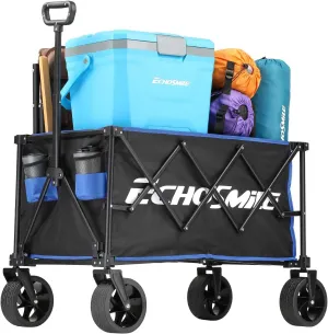 EchoSmile Collapsible Folding Wagon Cart 360lbs, Heavy Duty Garden Utility Cart with All Terrain Wheels, Large Capacity Outdoor Wagon for Camping, Beach, Shopping, Picnic (Blue Black)