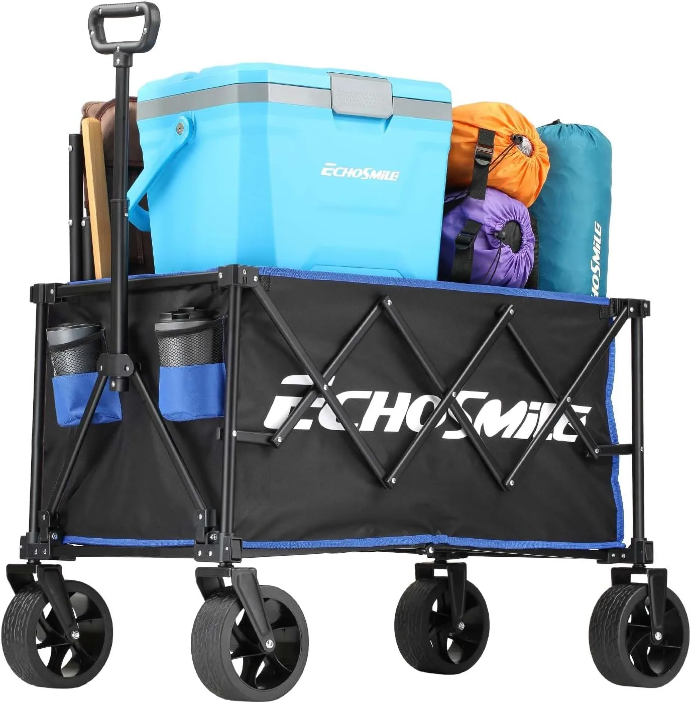 EchoSmile Collapsible Folding Wagon Cart 360lbs, Heavy Duty Garden Utility Cart with All Terrain Wheels, Large Capacity Outdoor Wagon for Camping, Beach, Shopping, Picnic (Blue Black)
