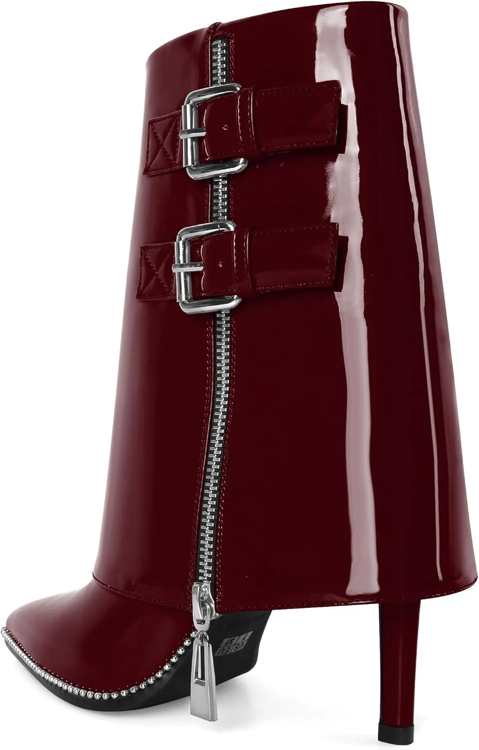 Eldof Ankle Boots for Women Fold Over Stiletto High Heel Pointed Toe Beaded Fall Short Booties Buckle Strap Side Zipper 3.5 Inches