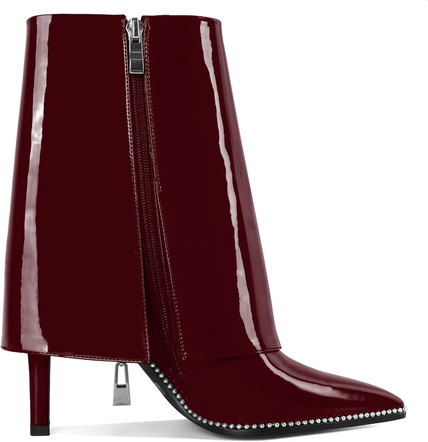 Eldof Ankle Boots for Women Fold Over Stiletto High Heel Pointed Toe Beaded Fall Short Booties Buckle Strap Side Zipper 3.5 Inches