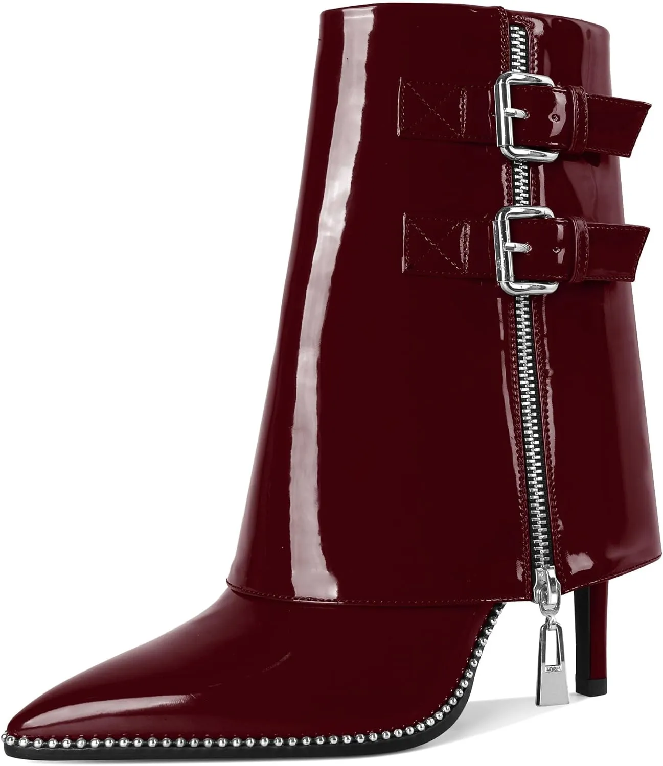 Eldof Ankle Boots for Women Fold Over Stiletto High Heel Pointed Toe Beaded Fall Short Booties Buckle Strap Side Zipper 3.5 Inches