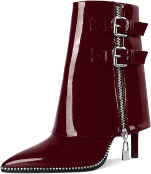 Eldof Ankle Boots for Women Fold Over Stiletto High Heel Pointed Toe Beaded Fall Short Booties Buckle Strap Side Zipper 3.5 Inches