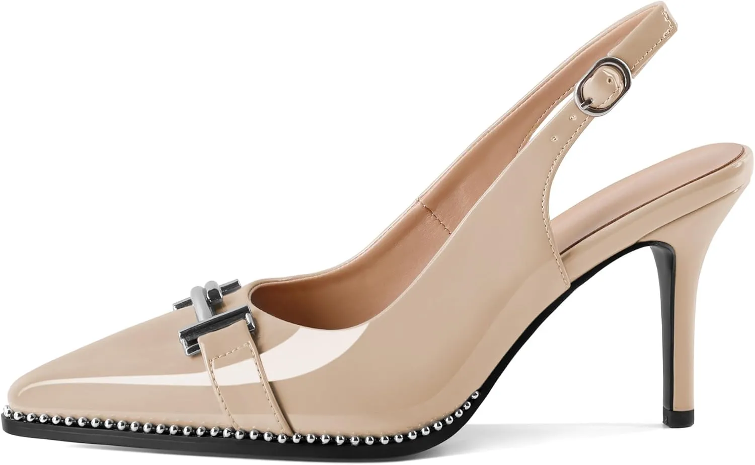Eldof Women Slingback Heels Beaded Pumps Pointed Toe Slip On Stilettos High Heel Pumps Shoes with Silver Buckle Dressy 3.5 Inches