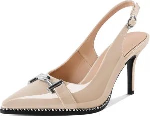 Eldof Women Slingback Heels Beaded Pumps Pointed Toe Slip On Stilettos High Heel Pumps Shoes with Silver Buckle Dressy 3.5 Inches