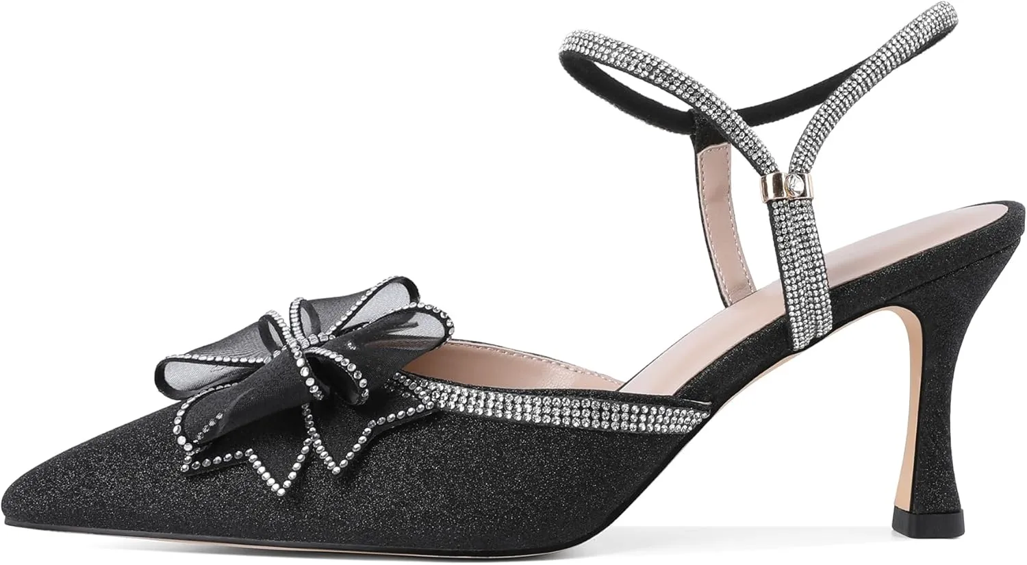 Eldof Women's Heels with Bow Sparkly Rhinestone Closed Pointed Toe Ankle Strap Stiletto Heel Pumps 3 Inches