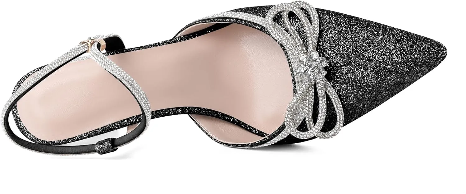 Eldof Women's Heels with Bow Sparkly Rhinestone Closed Pointed Toe Ankle Strap Stiletto Heel Pumps 3 Inches