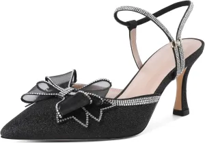 Eldof Women's Heels with Bow Sparkly Rhinestone Closed Pointed Toe Ankle Strap Stiletto Heel Pumps 3 Inches