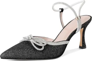 Eldof Women's Heels with Bow Sparkly Rhinestone Closed Pointed Toe Ankle Strap Stiletto Heel Pumps 3 Inches