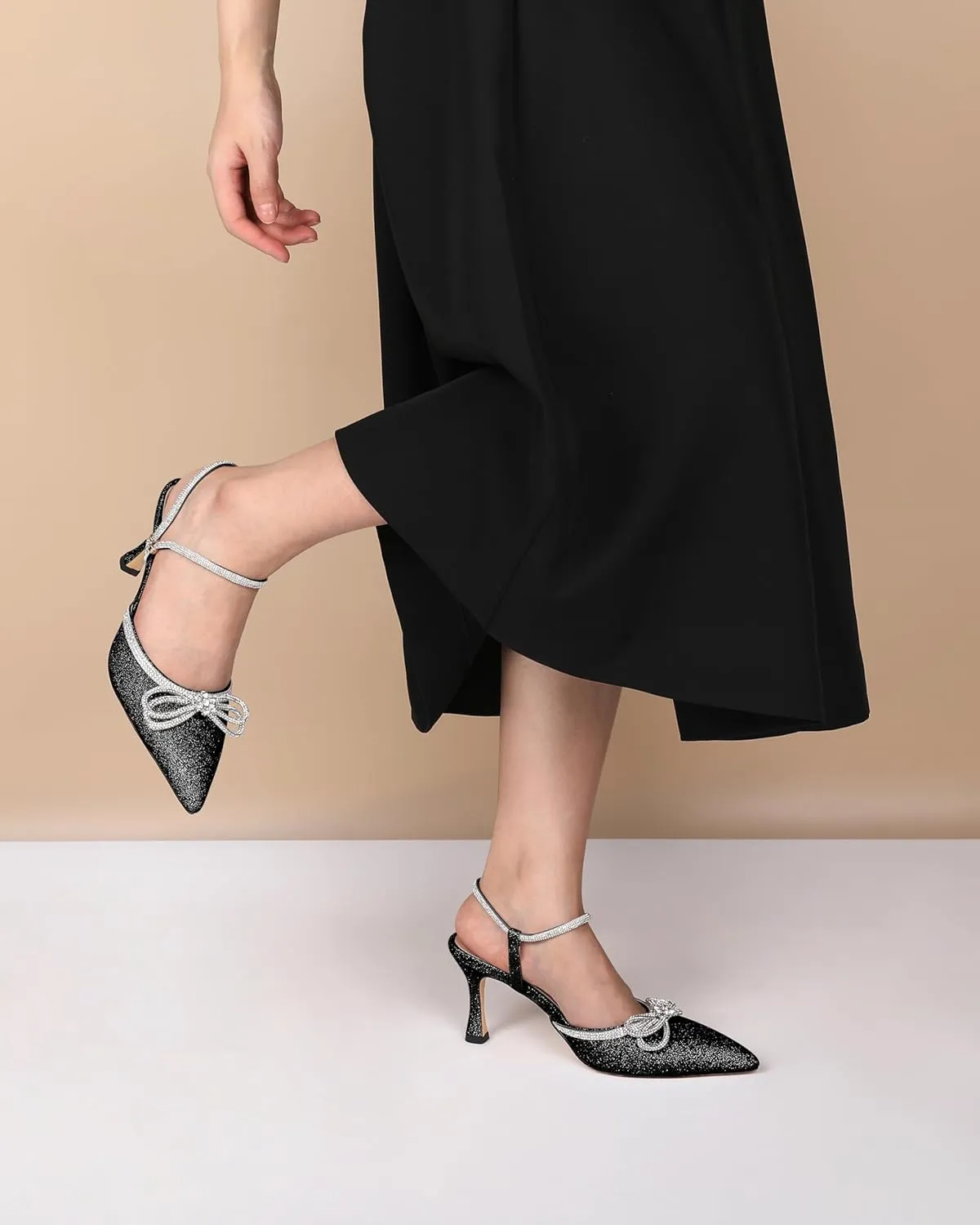 Eldof Women's Heels with Bow Sparkly Rhinestone Closed Pointed Toe Ankle Strap Stiletto Heel Pumps 3 Inches